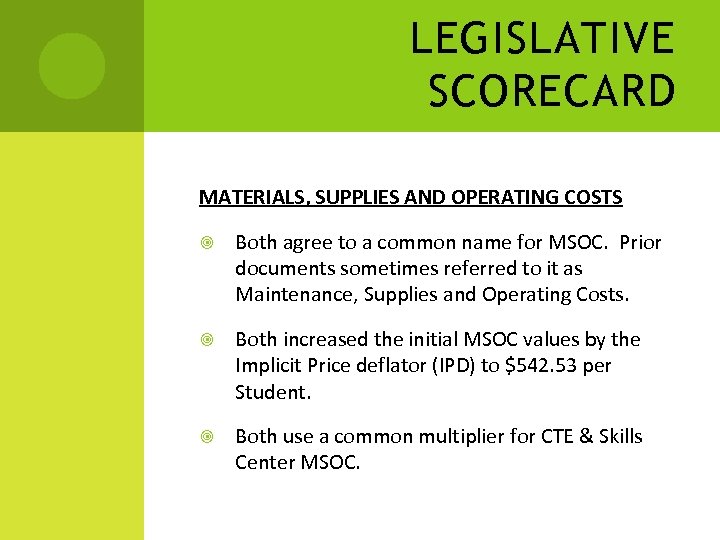 LEGISLATIVE SCORECARD MATERIALS, SUPPLIES AND OPERATING COSTS Both agree to a common name for