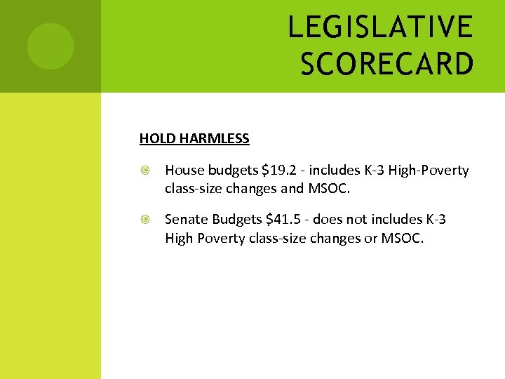 LEGISLATIVE SCORECARD HOLD HARMLESS House budgets $19. 2 - includes K-3 High-Poverty class-size changes
