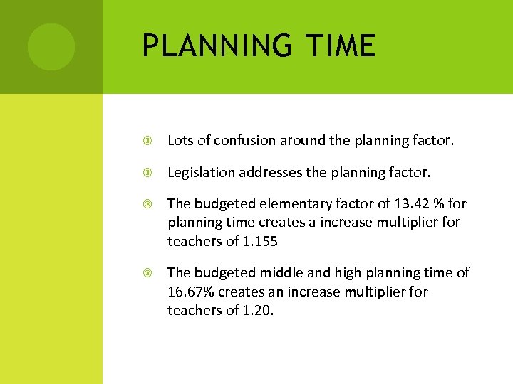 PLANNING TIME Lots of confusion around the planning factor. Legislation addresses the planning factor.