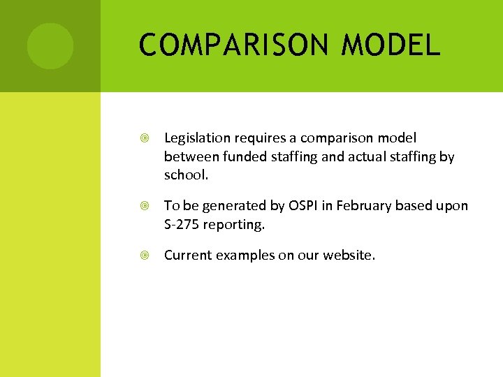 COMPARISON MODEL Legislation requires a comparison model between funded staffing and actual staffing by