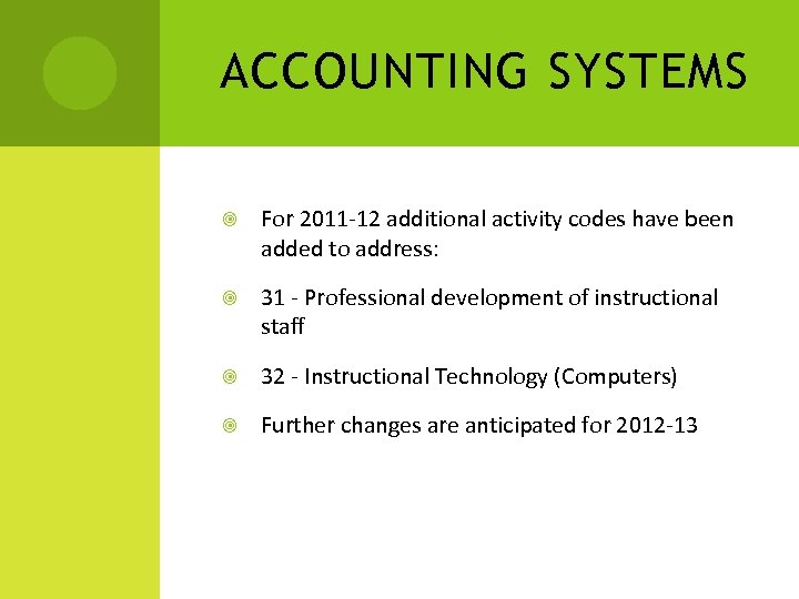 ACCOUNTING SYSTEMS For 2011 -12 additional activity codes have been added to address: 31