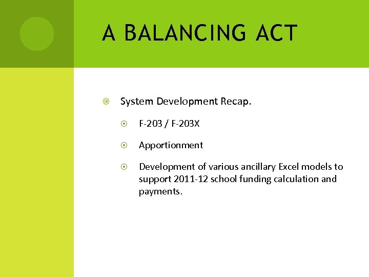 A BALANCING ACT System Development Recap. F-203 / F-203 X Apportionment Development of various