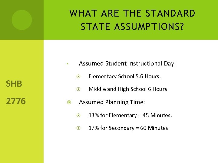 WHAT ARE THE STANDARD STATE ASSUMPTIONS? • Elementary School 5. 6 Hours. SHB 2776