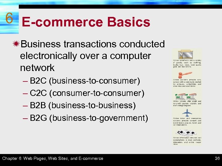 6 E-commerce Basics ïBusiness transactions conducted electronically over a computer network – B 2