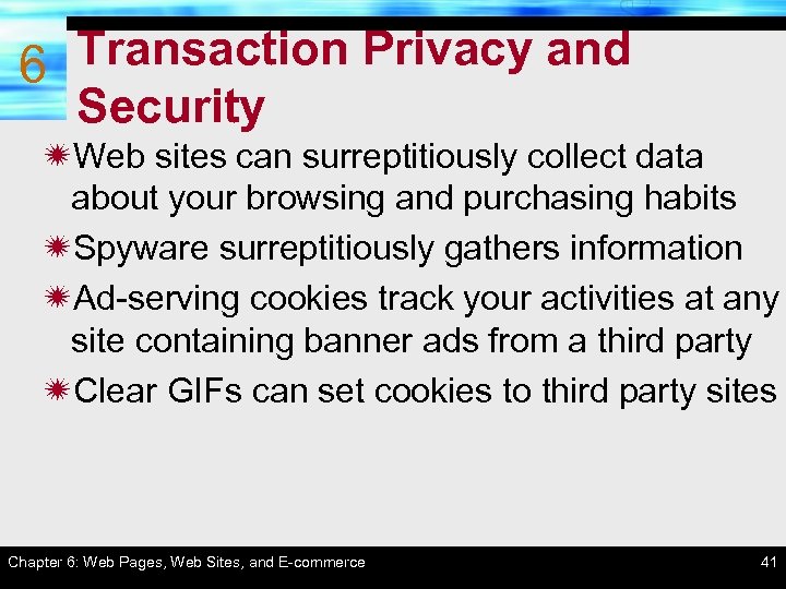 Transaction Privacy and 6 Security ïWeb sites can surreptitiously collect data about your browsing