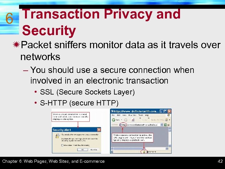 Transaction Privacy and 6 Security ïPacket sniffers monitor data as it travels over networks