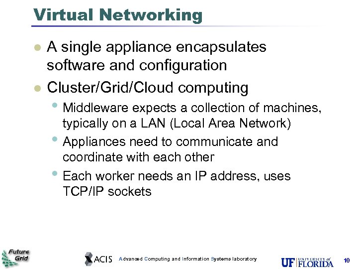 Virtual Networking l l A single appliance encapsulates software and configuration Cluster/Grid/Cloud computing •