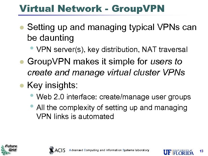 Virtual Network - Group. VPN l Setting up and managing typical VPNs can be