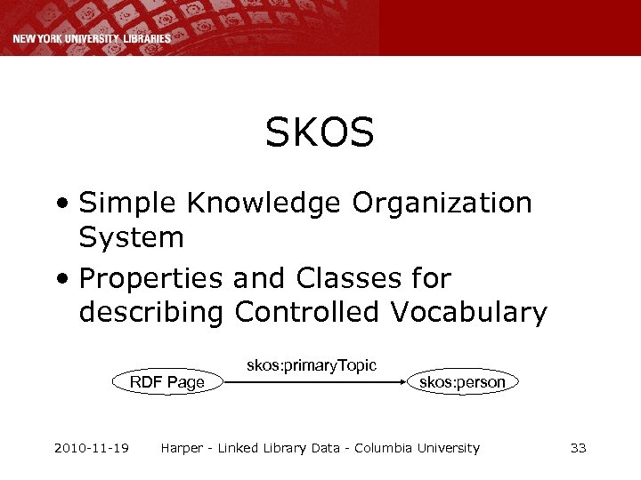 SKOS • Simple Knowledge Organization System • Properties and Classes for describing Controlled Vocabulary