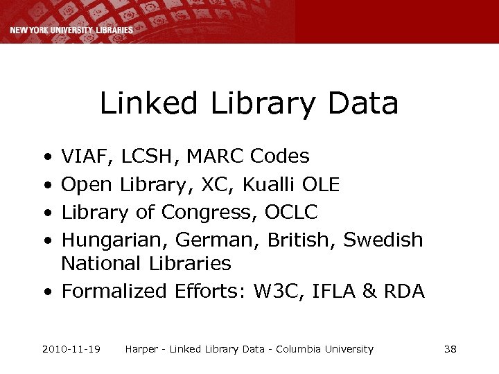 Linked Library Data • • VIAF, LCSH, MARC Codes Open Library, XC, Kualli OLE