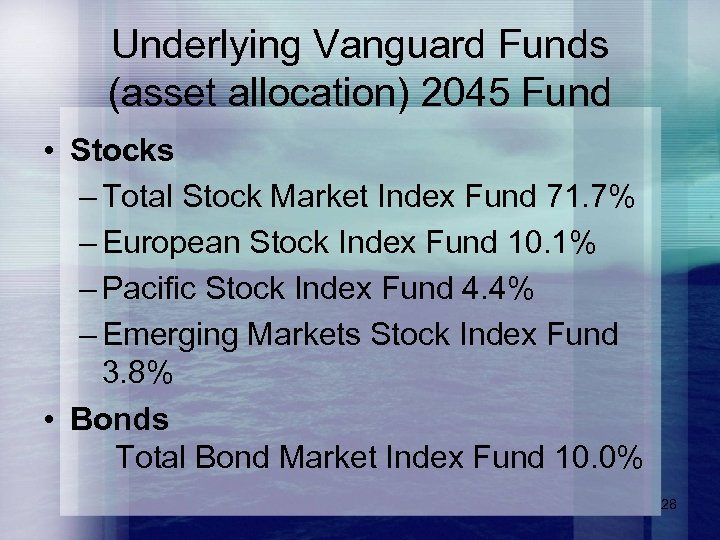 Underlying Vanguard Funds (asset allocation) 2045 Fund • Stocks – Total Stock Market Index