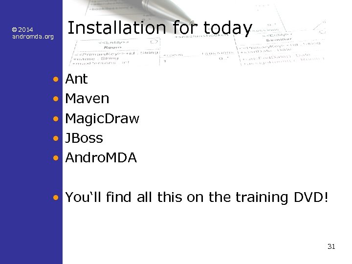 © 2014 andromda. org • • • Installation for today Ant Maven Magic. Draw