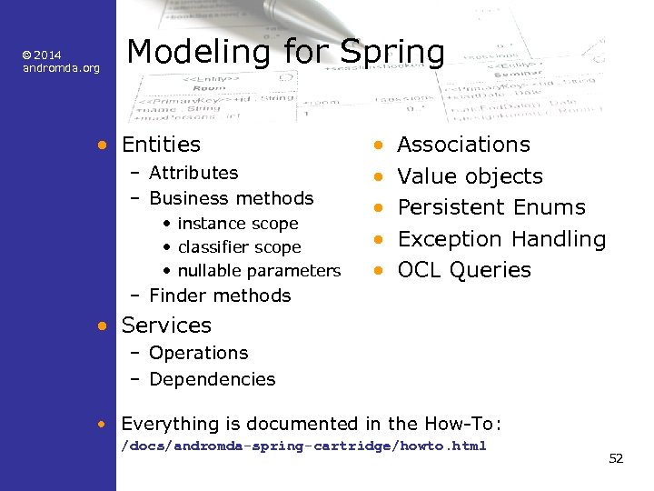© 2014 andromda. org Modeling for Spring • Entities – Attributes – Business methods