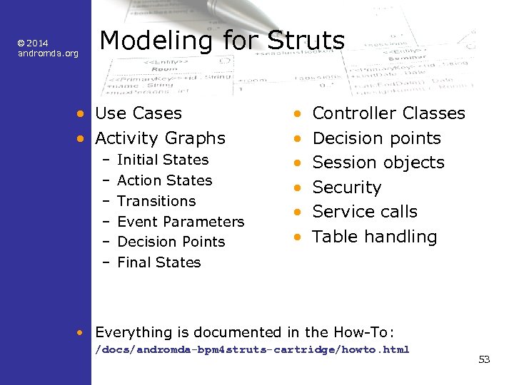 © 2014 andromda. org Modeling for Struts • Use Cases • Activity Graphs –