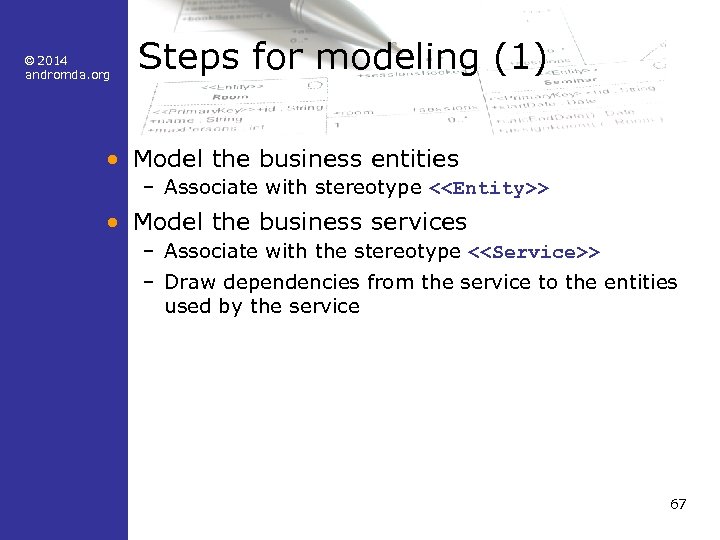 © 2014 andromda. org Steps for modeling (1) • Model the business entities –