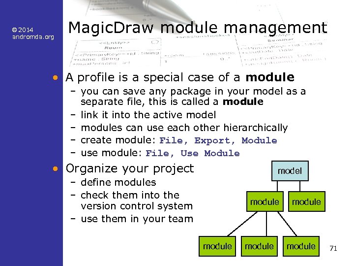 © 2014 andromda. org Magic. Draw module management • A profile is a special