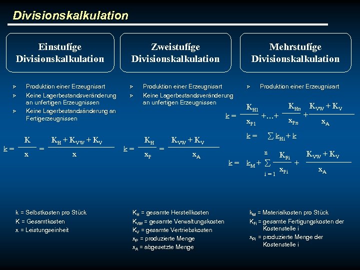 Divisionskalkulation Einstufíge Divisionskalkulation Ø Ø Ø Produktion einer Erzeugnisart Keine Lagerbestandsveränderung an unfertigen Erzeugnissen