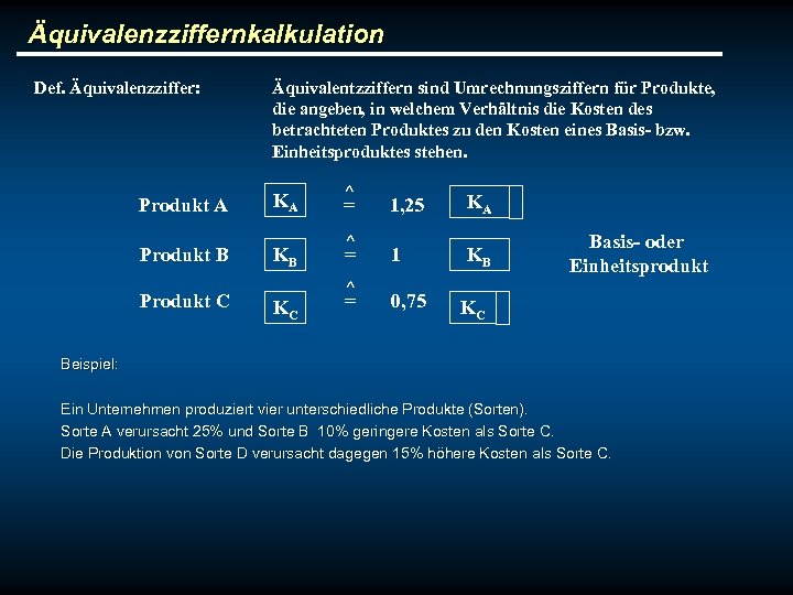 Äquivalenzziffernkalkulation Def. Äquivalenzziffer: Äquivalentzziffern sind Umrechnungsziffern für Produkte, die angeben, in welchem Verhältnis die