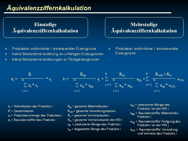 Äquivalenzziffernkalkulation Einstufíge Äquivalenzziffernkalkulation Ø Ø Ø Mehrstufíge Äquivalenzziffernkalkulation Produktion artähnlicher / artverwandter Erzeugnisse Keine