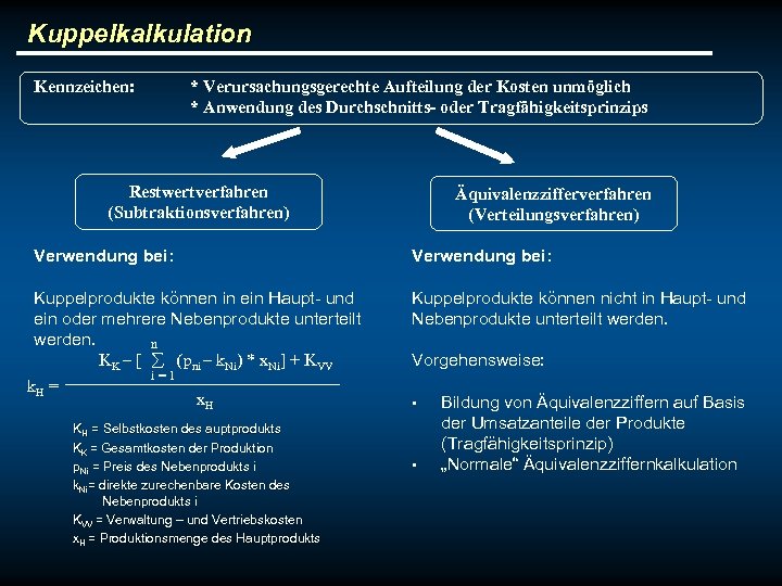 Kuppelkalkulation Kennzeichen: * Verursachungsgerechte Aufteilung der Kosten unmöglich * Anwendung des Durchschnitts- oder Tragfähigkeitsprinzips