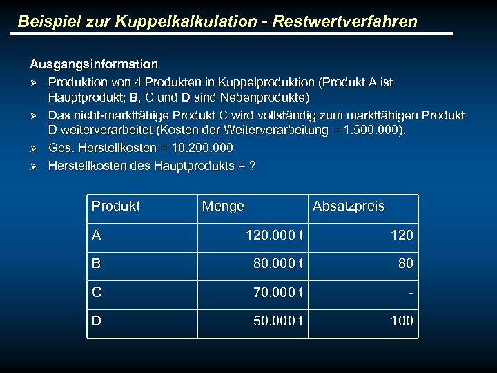 Beispiel zur Kuppelkalkulation - Restwertverfahren Ausgangsinformation Ø Produktion von 4 Produkten in Kuppelproduktion (Produkt