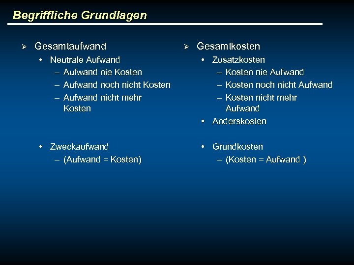 Begriffliche Grundlagen Ø Gesamtaufwand Ø Gesamtkosten • Neutrale Aufwand – Aufwand nie Kosten –