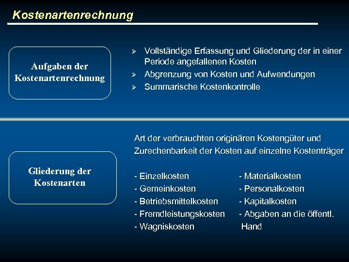 Kostenartenrechnung Ø Aufgaben der Kostenartenrechnung Ø Ø Vollständige Erfassung und Gliederung der in einer
