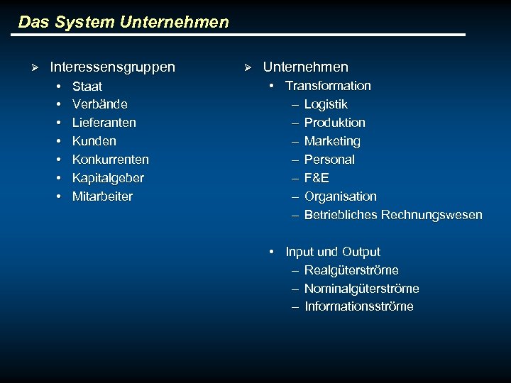 Das System Unternehmen Ø Interessensgruppen • • Staat Verbände Lieferanten Kunden Konkurrenten Kapitalgeber Mitarbeiter