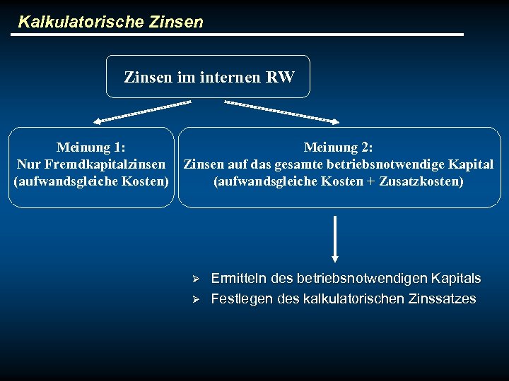 Kalkulatorische Zinsen im internen RW Meinung 1: Nur Fremdkapitalzinsen (aufwandsgleiche Kosten) Meinung 2: Zinsen