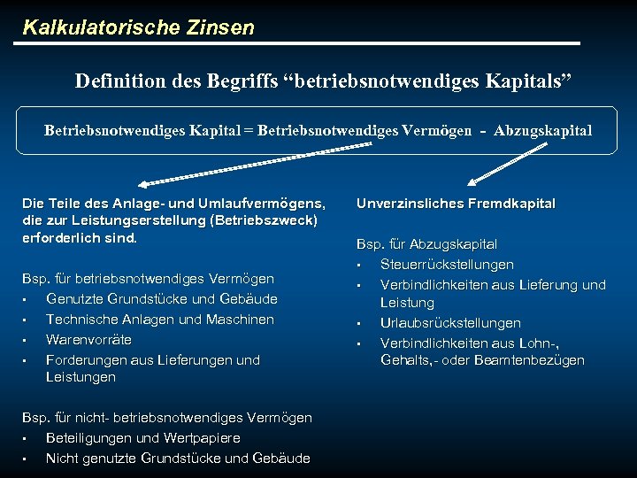 Kalkulatorische Zinsen Definition des Begriffs “betriebsnotwendiges Kapitals” Betriebsnotwendiges Kapital = Betriebsnotwendiges Vermögen - Abzugskapital