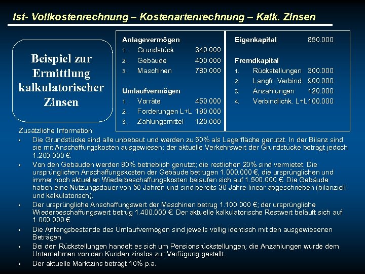 Ist- Vollkostenrechnung – Kostenartenrechnung – Kalk. Zinsen Beispiel zur Ermittlung kalkulatorischer Zinsen Anlagevermögen 1.