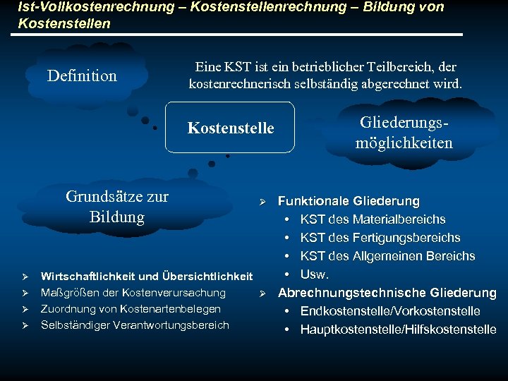 Ist-Vollkostenrechnung – Kostenstellenrechnung – Bildung von Kostenstellen Definition Eine KST ist ein betrieblicher Teilbereich,
