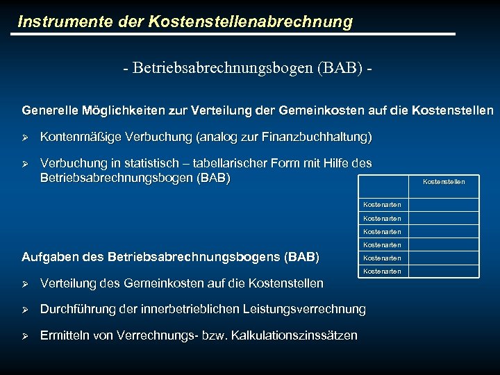 Instrumente der Kostenstellenabrechnung - Betriebsabrechnungsbogen (BAB) Generelle Möglichkeiten zur Verteilung der Gemeinkosten auf die
