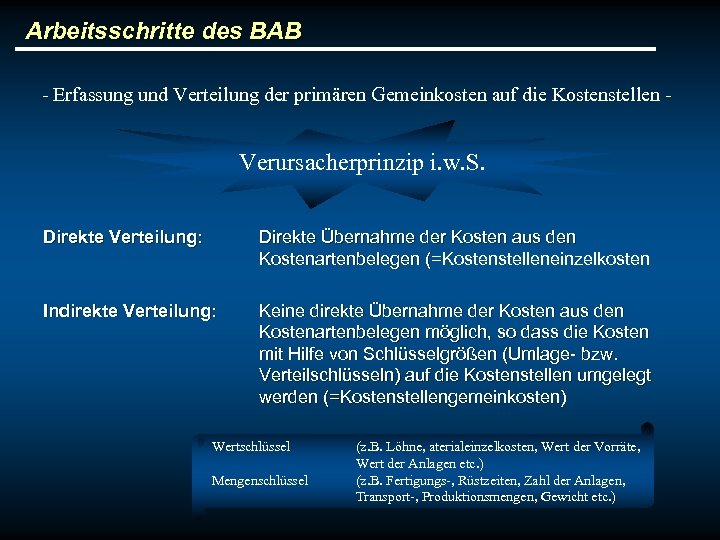Arbeitsschritte des BAB - Erfassung und Verteilung der primären Gemeinkosten auf die Kostenstellen -