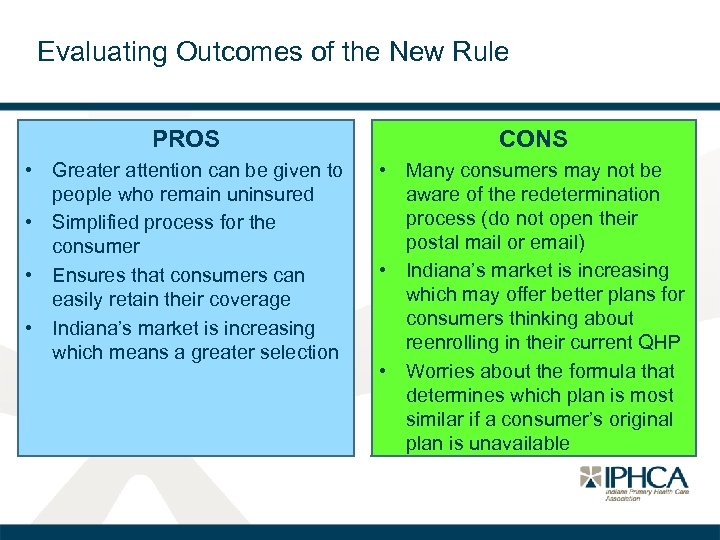 Evaluating Outcomes of the New Rule PROS CONS • Greater attention can be given