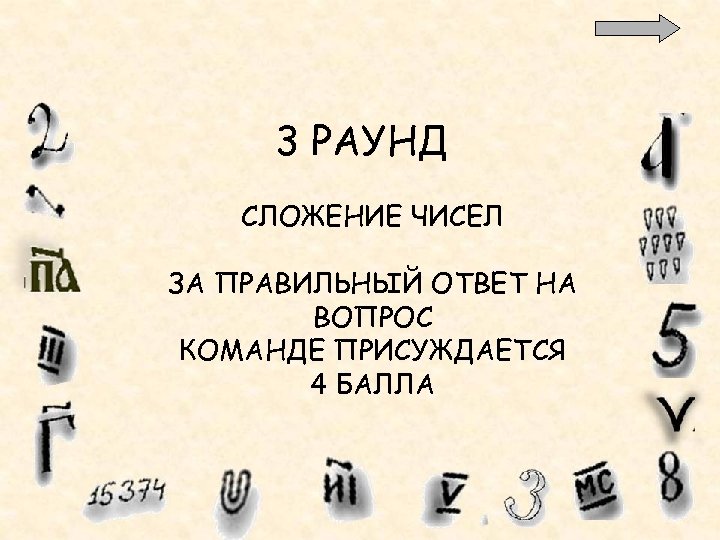 3 РАУНД СЛОЖЕНИЕ ЧИСЕЛ ЗА ПРАВИЛЬНЫЙ ОТВЕТ НА ВОПРОС КОМАНДЕ ПРИСУЖДАЕТСЯ 4 БАЛЛА 