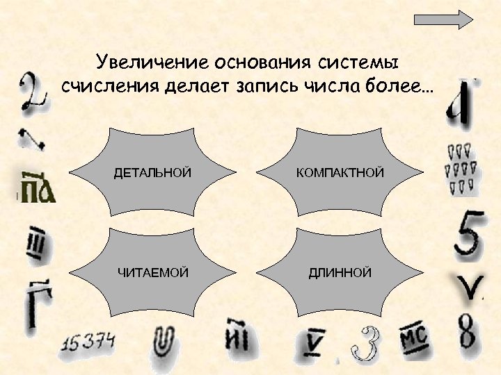 Увеличение основания системы счисления делает запись числа более… ДЕТАЛЬНОЙ КОМПАКТНОЙ ЧИТАЕМОЙ ДЛИННОЙ 