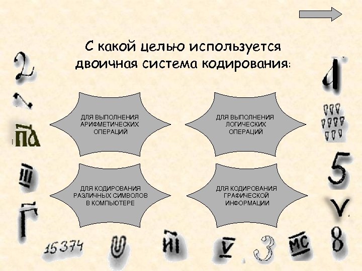 С какой целью используется двоичная система кодирования: ДЛЯ ВЫПОЛНЕНИЯ АРИФМЕТИЧЕСКИХ ОПЕРАЦИЙ ДЛЯ ВЫПОЛНЕНИЯ ЛОГИЧЕСКИХ