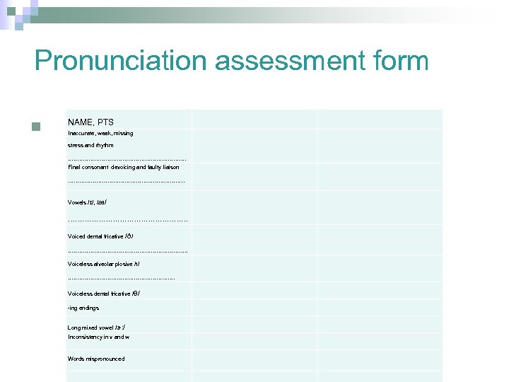  Pronunciation assessment form n NAME, PTS Inaccurate, weak, missing stress and rhythm ……………………………