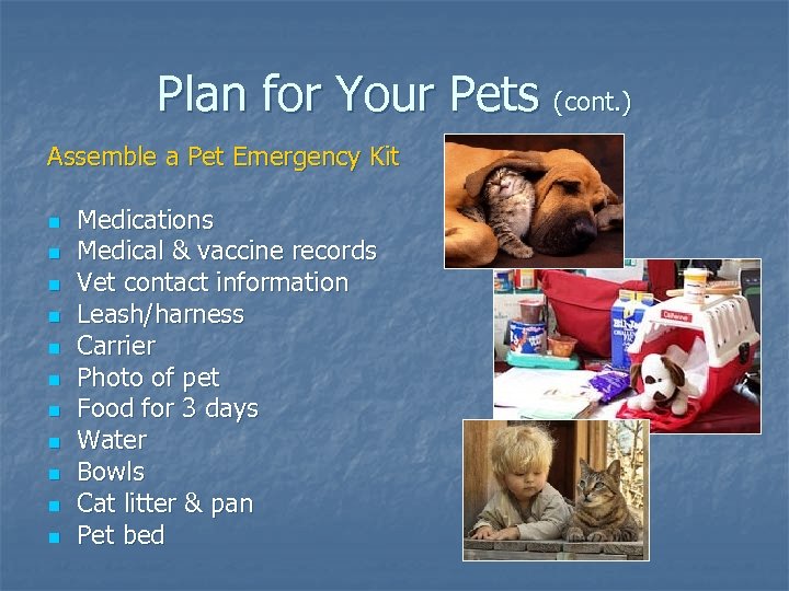 Plan for Your Pets (cont. ) Assemble a Pet Emergency Kit n n n