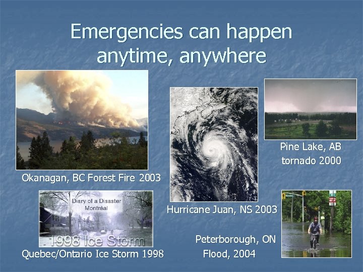 Emergencies can happen anytime, anywhere Pine Lake, AB tornado 2000 Okanagan, BC Forest Fire