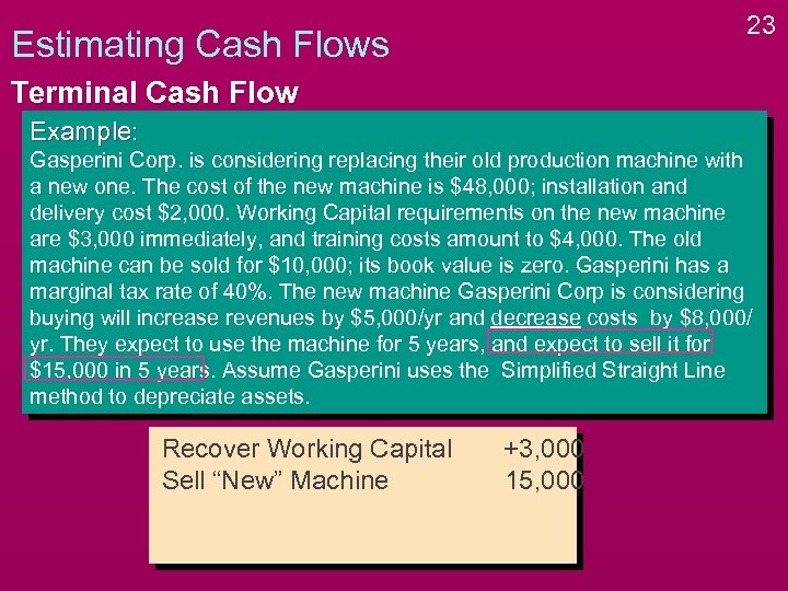 23 Estimating Cash Flows Terminal Cash Flow Example: Gasperini Corp. is considering replacing their