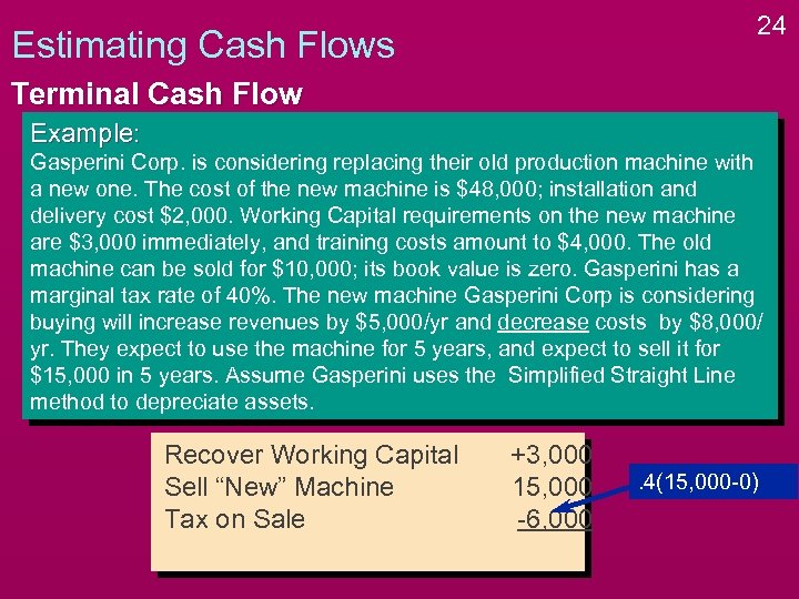 24 Estimating Cash Flows Terminal Cash Flow Example: Gasperini Corp. is considering replacing their