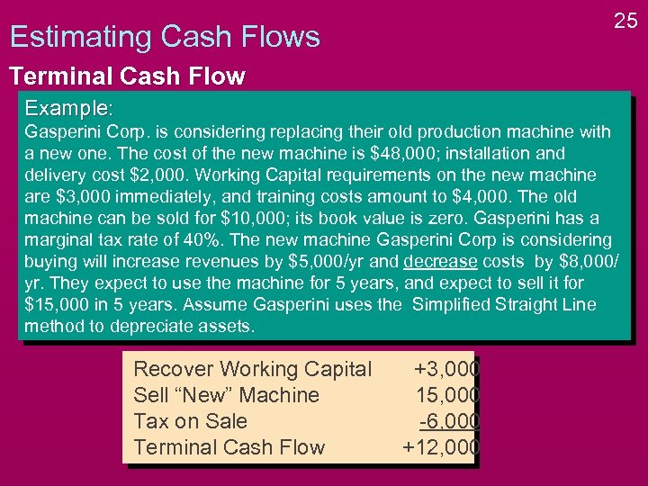 25 Estimating Cash Flows Terminal Cash Flow Example: Gasperini Corp. is considering replacing their