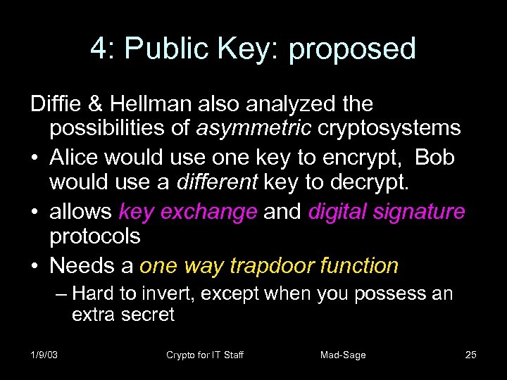 4: Public Key: proposed Diffie & Hellman also analyzed the possibilities of asymmetric cryptosystems