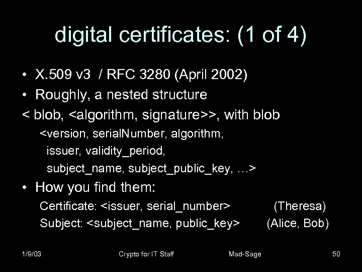 digital certificates: (1 of 4) • X. 509 v 3 / RFC 3280 (April