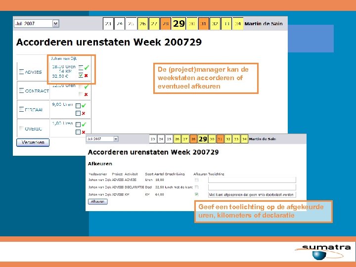 De (project)manager kan de weekstaten accorderen of eventueel afkeuren Geef een toelichting op de