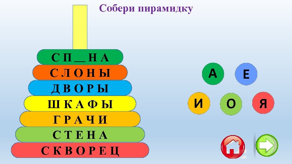 Собери пирамидку СПИНА СЛОНЫ ДВОРЫ ШКАФЫ ГРАЧИ СТЕНА СКВОРЕЦ А И Е О Я