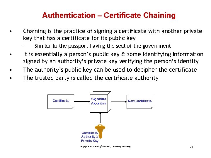 Authentication – Certificate Chaining • Chaining is the practice of signing a certificate with