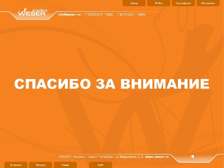 Завод W-flex Сертификат Осторожно СПАСИБО ЗА ВНИМАНИЕ В начало Вперед Назад Сайт 